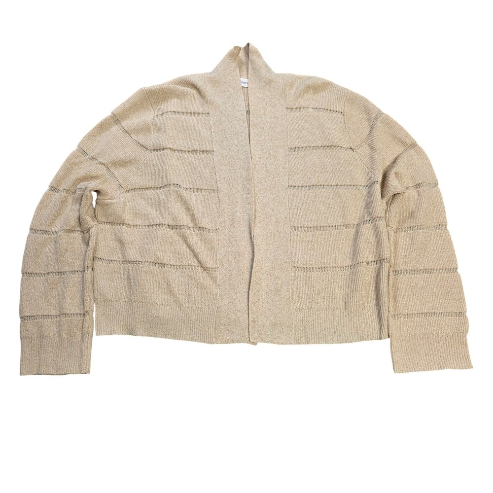 Calvin Klein Striped Pointelle Open Cardigan Sweater Women's Size L Tan Cropped